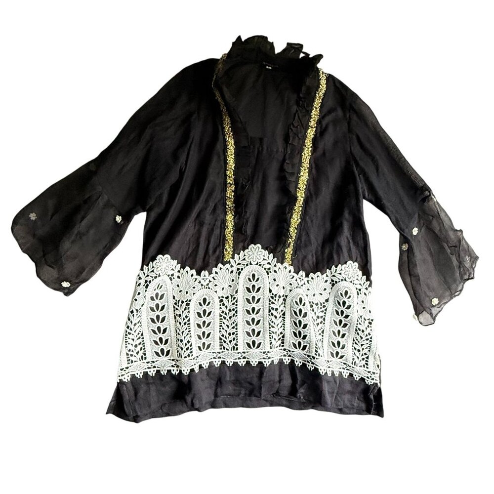 Agha Noor Embroidered Embellished Ruffle Tunic Top Womens Medium Black Elegant